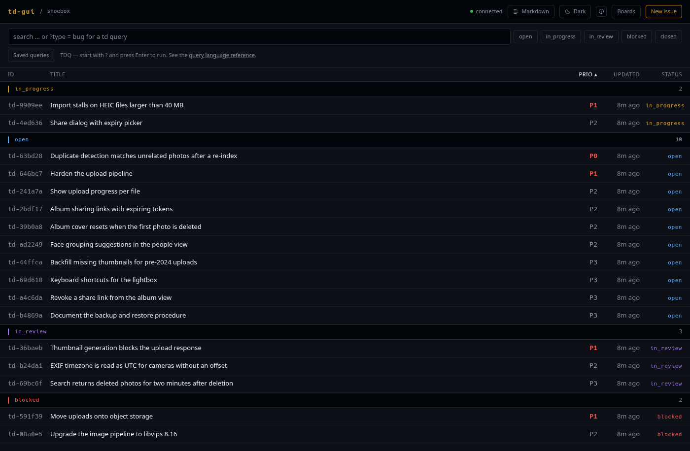 td-gui: Issue-Liste nach Status gruppiert, mit TDQ-Suchfeld und Statusfiltern